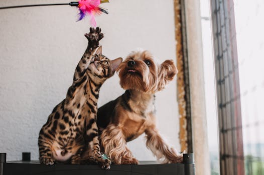 Home A Bengal cat and Yorkshire Terrier playfully reach for a feathered toy indoors.
