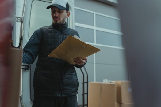 Home Courier organizing packages next to a delivery van beside a building.